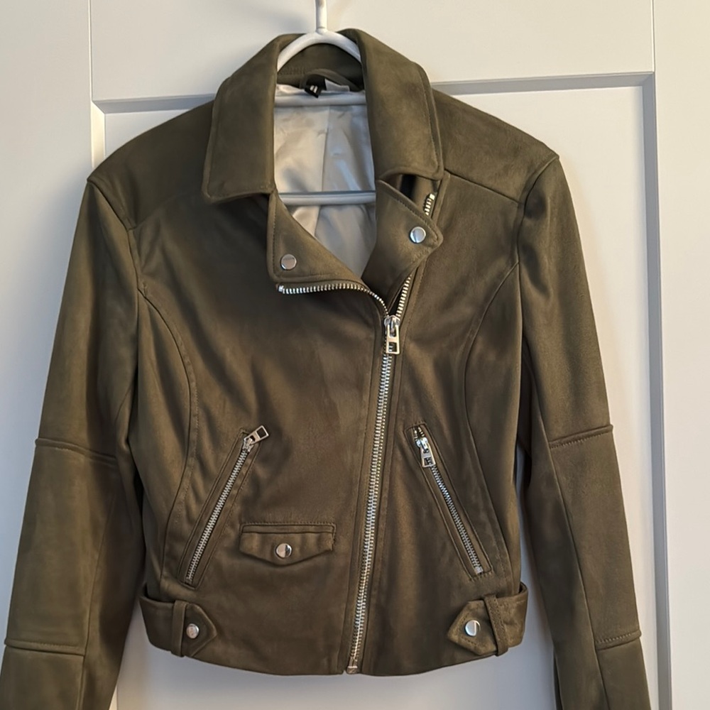 Divided Olive Leather Jacket with Silver Accents